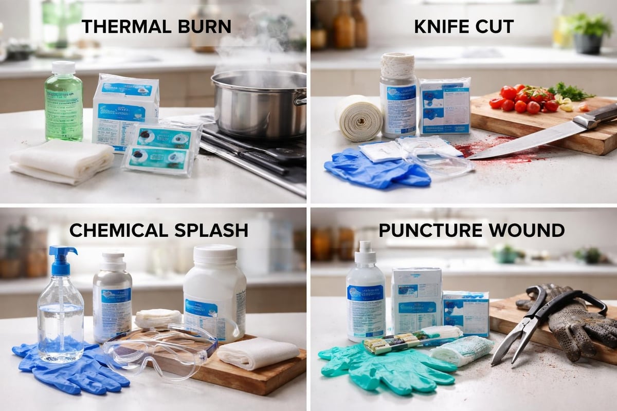 Common kitchen injuries and corresponding first aid supplies