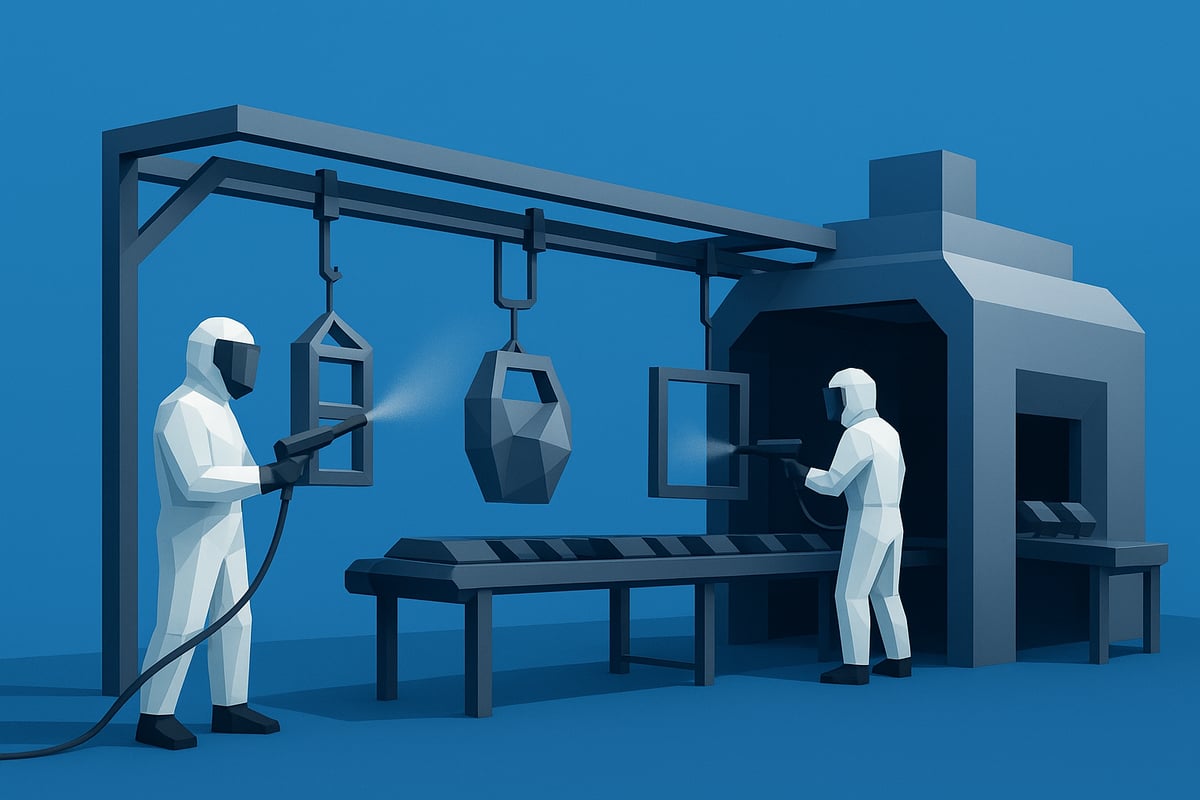 Industrial sandblasting and powder coating process with technicians in protective gear applying powder coating to geometric shapes in a manufacturing facility.