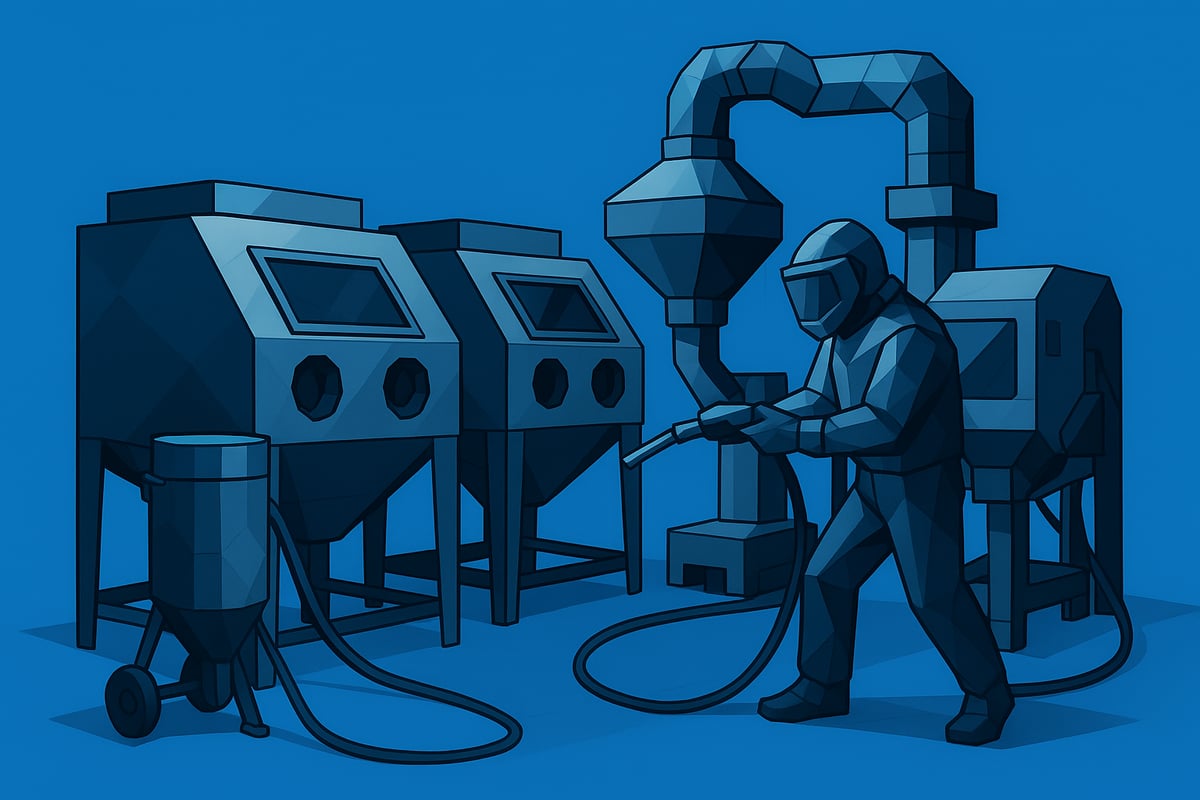 Low-poly illustration of an industrial sandblasting setup with a worker operating equipment, featuring blast cabinets and a dust collection system, relevant to techniques and equipment in sandblasting for surface preparation.