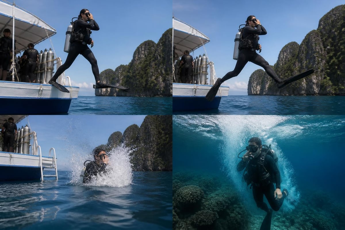 Giant stride water entry technique
