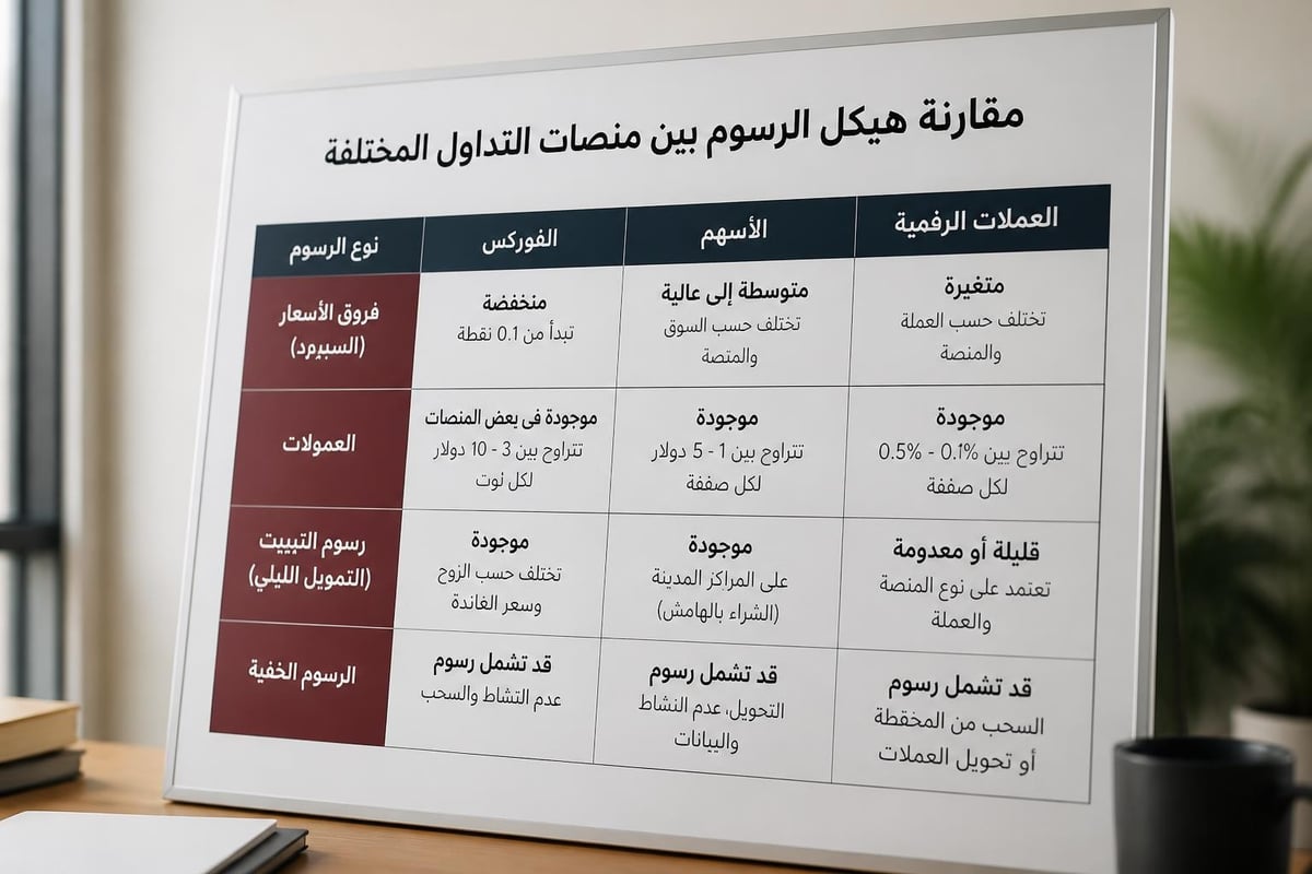 مقارنة هياكل الرسوم بين منصات التداول