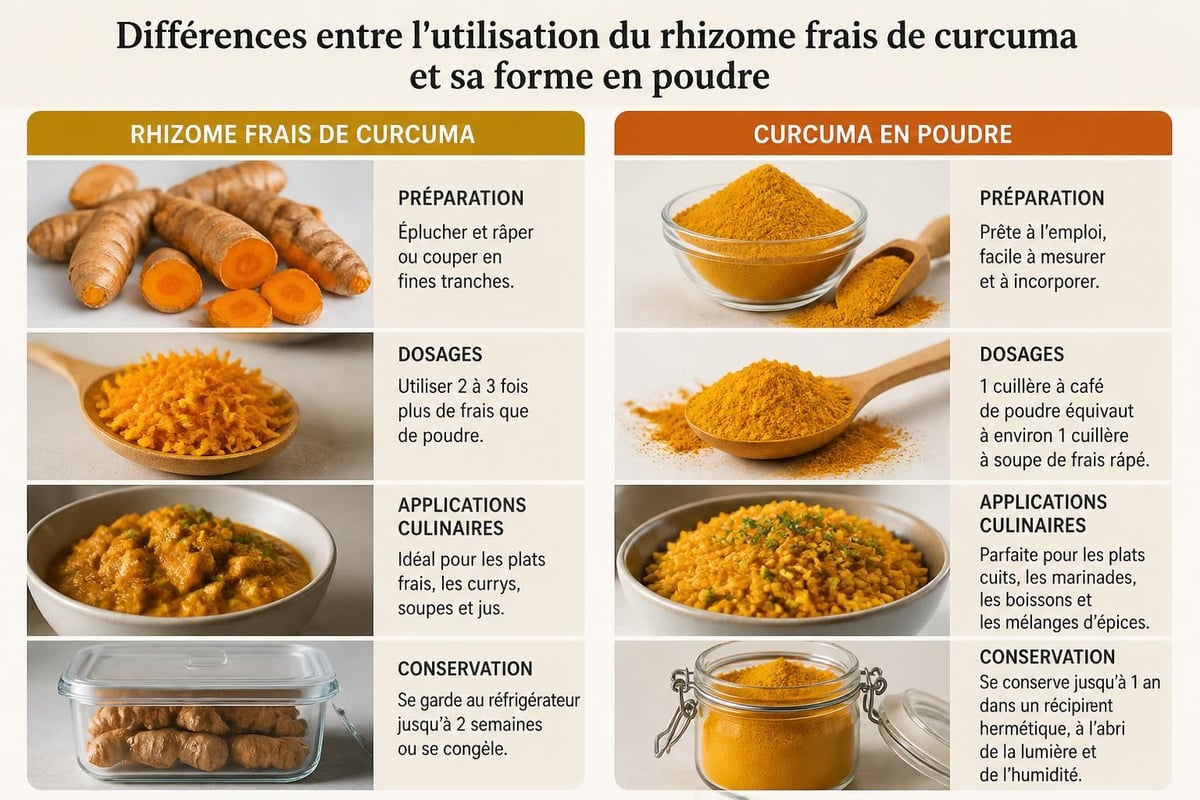 Comparaison entre curcuma frais et curcuma en poudre