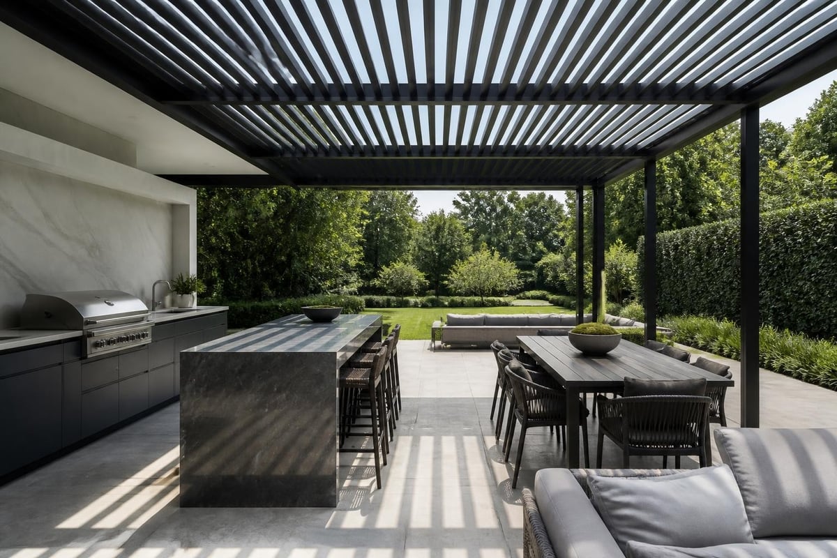 Outdoor kitchen under louvre roof