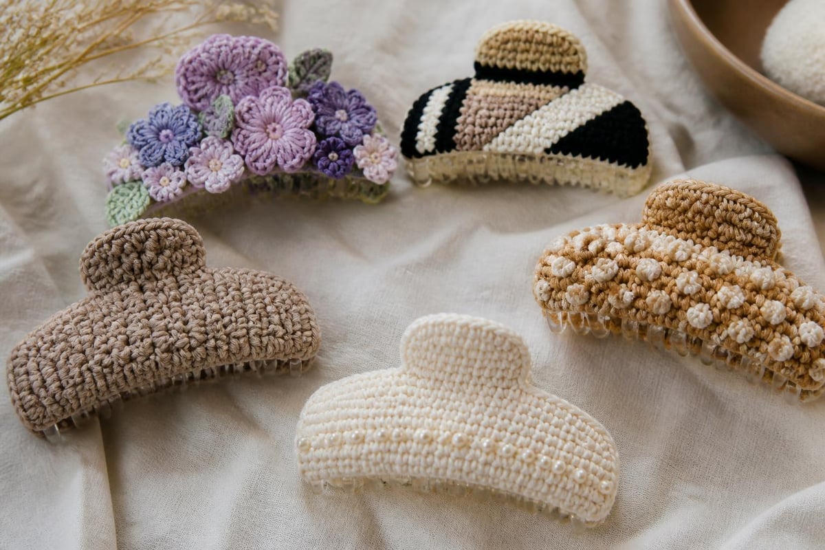 Crochet claw clip design categories floral geometric handmade styling The Pixie Garden