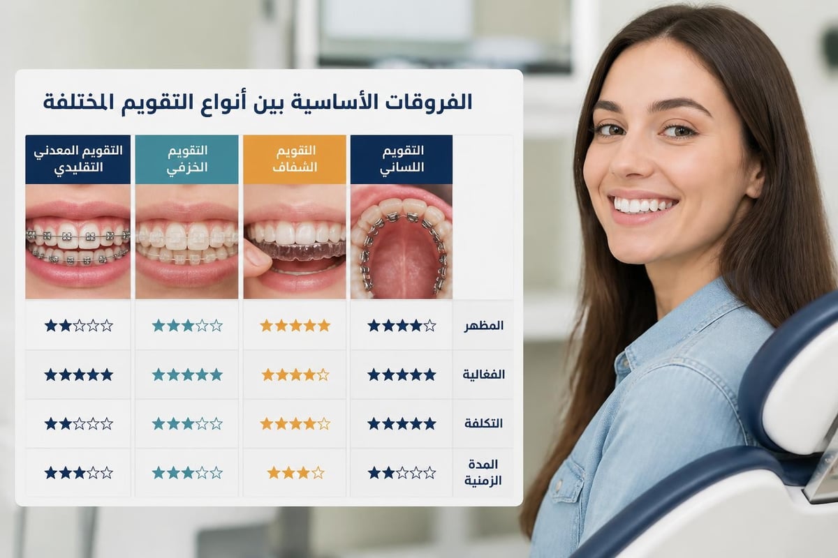 التقويم للأسنان: دليلك الشامل لابتسامة صحية ومتناسقة مقارنة أنواع التقويم