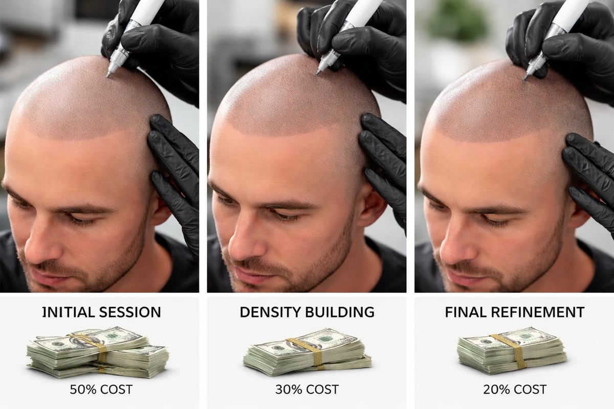 Session-by-session scalp micropigmentation process and cost allocation