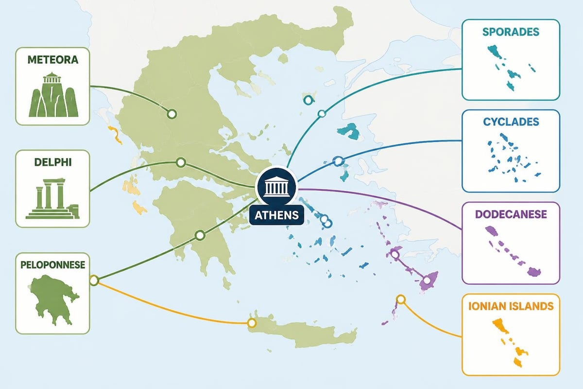 Greece regional map showing mainland and island clusters