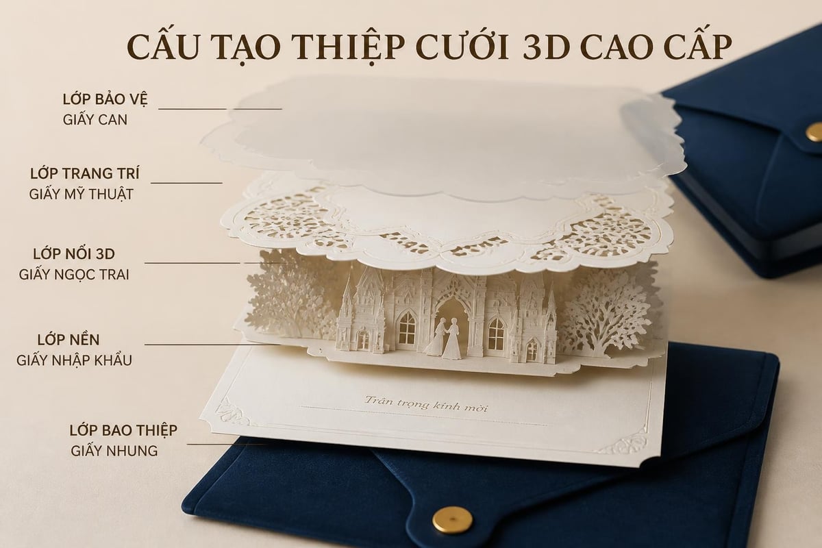 Thiệp Cưới 3D Cao Cấp: Xu Hướng và Tiêu Chuẩn Chọn Lựa 2026 1 Cấu trúc lớp giấy thiệp 3D