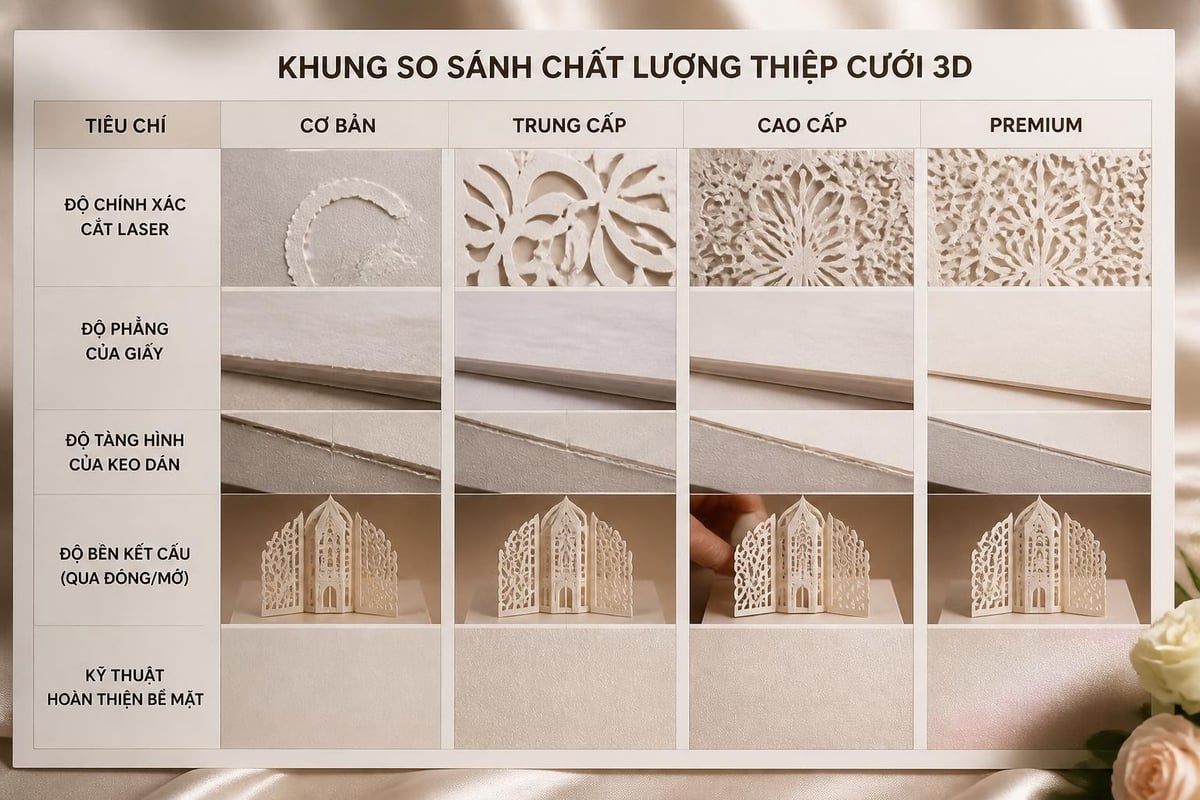 Thiệp Cưới 3D Cao Cấp: Xu Hướng và Tiêu Chuẩn Chọn Lựa 2026 2 So sánh chất lượng thiệp 3D