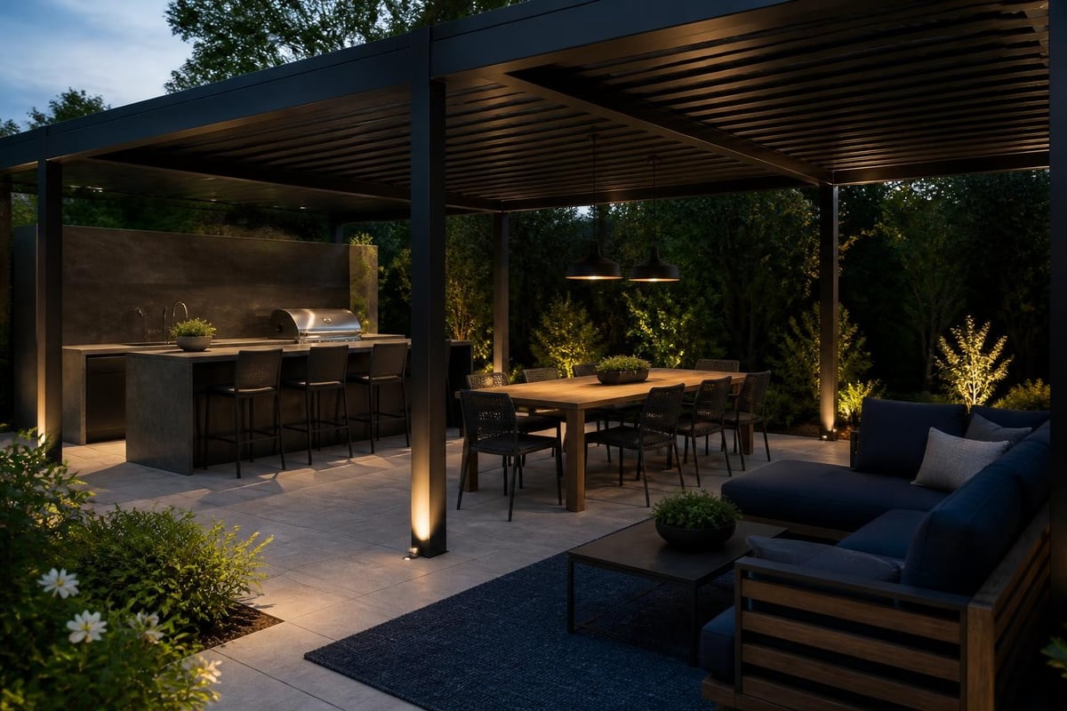 Garden pergola defining kitchen, dining and lounge zones