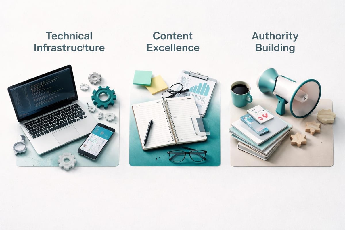 Technical SEO, content quality, and authority signals working together