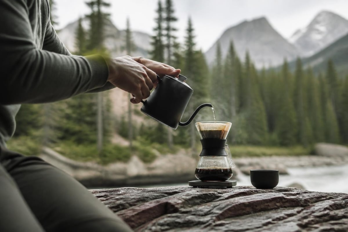 Morning coffee ritual outdoors