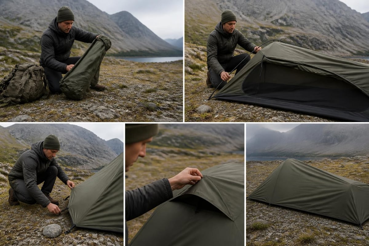Bag tent setup sequence