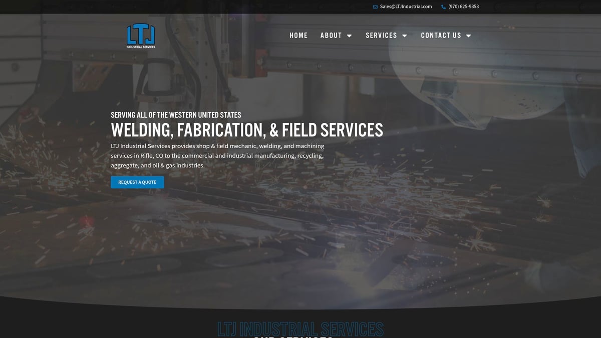 LTJ Industrial Services branding with welding sparks, showcasing expertise in welding, fabrication, and field services for the oil and gas industry in the Western United States.