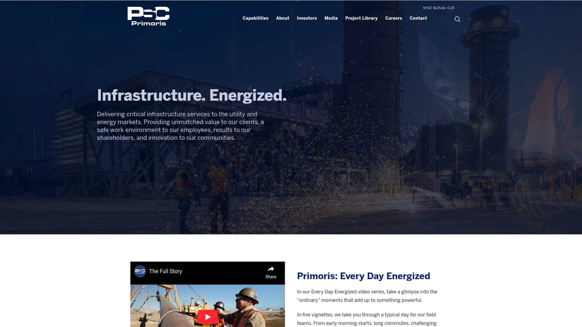 Primoris Services Corporation logo with construction workers in safety gear, representing pipeline fabrication and infrastructure services in the oil and gas industry.