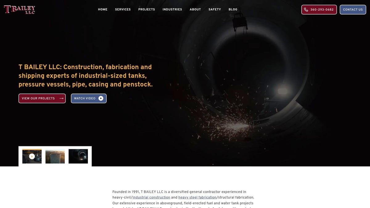 T. Bailey, LLC logo with industrial-sized tanks and pipeline fabrication background, representing expertise in oil and gas sector projects in the Western US.