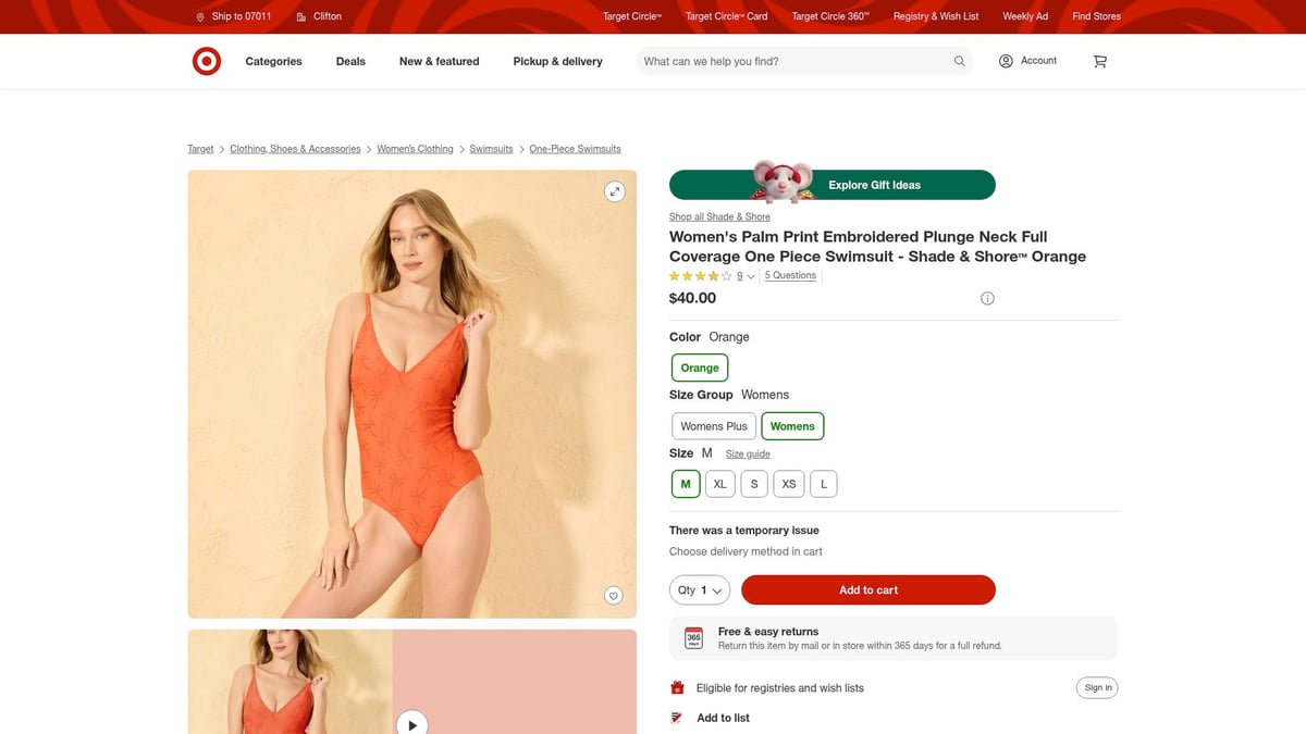 7 Trendy Orange Swimsuits to Rock Your Summer 2025 Style - Women's Palm Print Embroidered Plunge Neck One Piece – Shade & Shore™ Orange ($40)