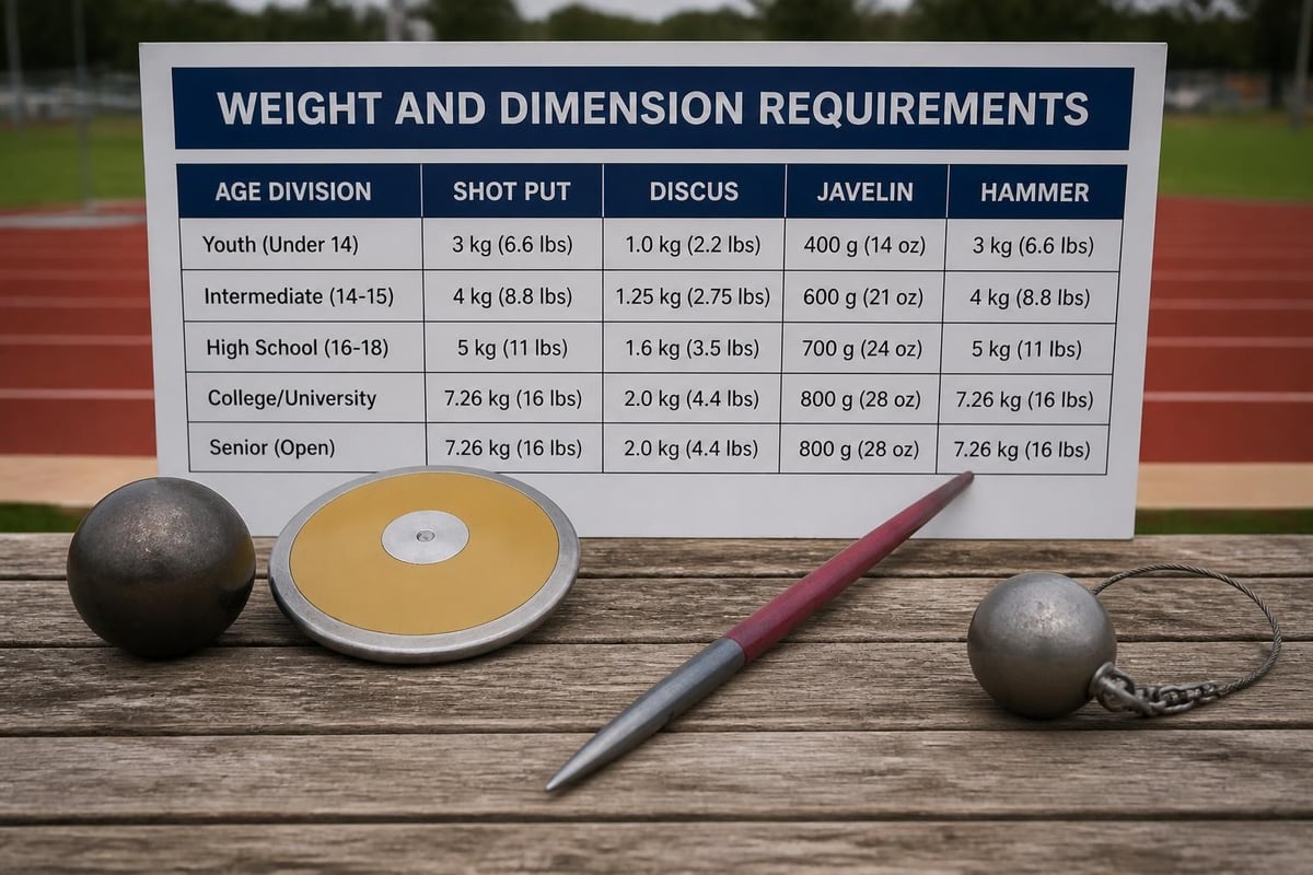 Track and field throwing implements specifications