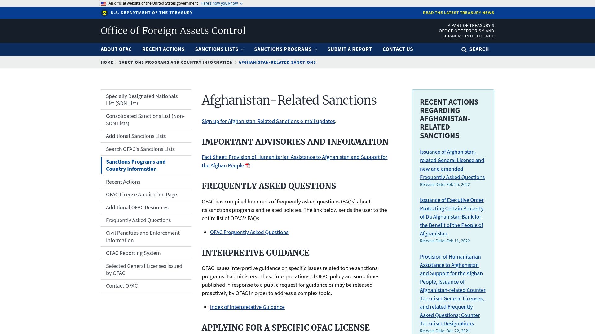 Key OFAC Sanctions Programs in 2025 - Afghanistan-Related Sanctions