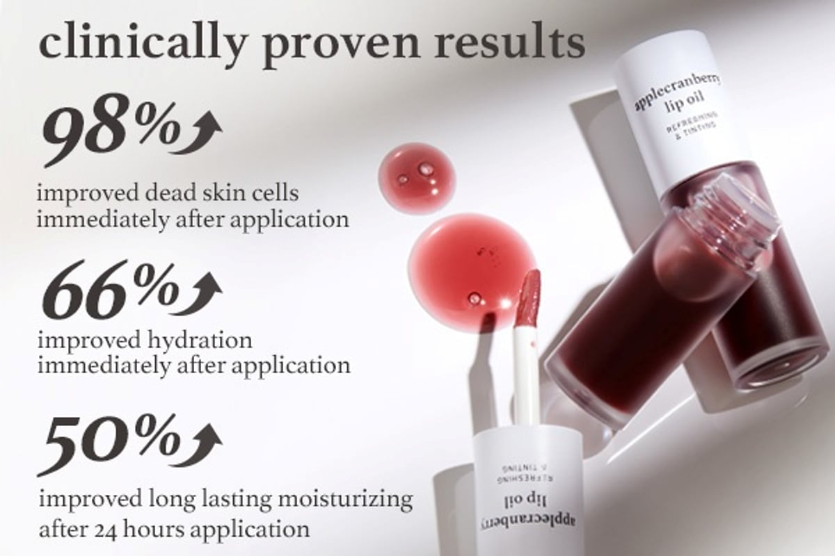 Shows clinically proven results of nooni applecranberry lip oil