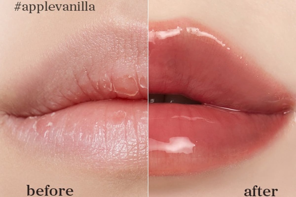 Before and after image of lips showing the result of applying nooni applevanilla lip oil.